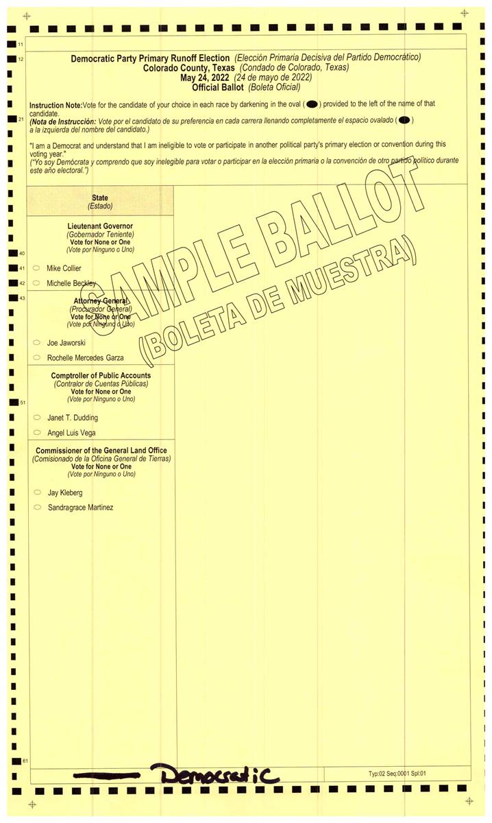 Democratic sample ballot for the May 24, 2022 Primary Runoff Election